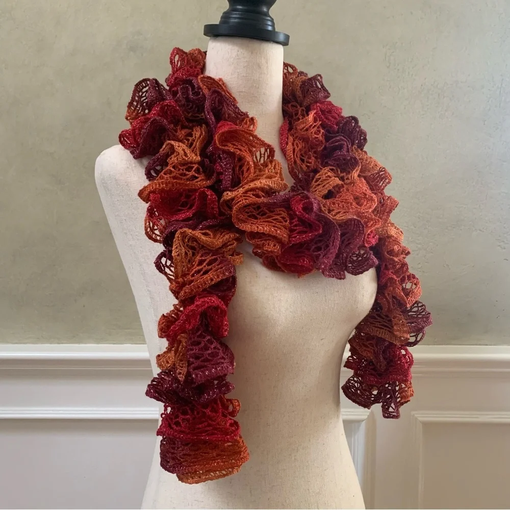 Artisan Handcrafted Ruffled Crochet / Knit Scarf Burgandy Rustic Orange